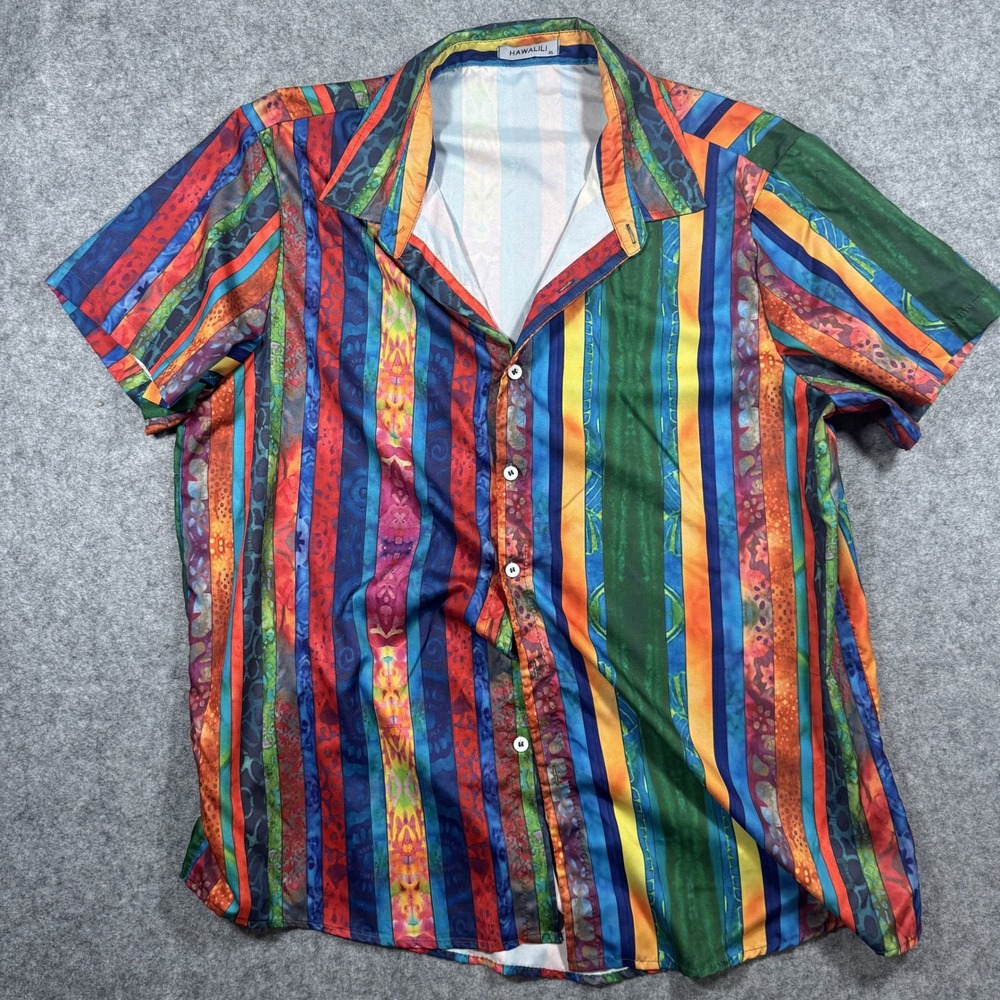 Hawalili Batik Stripe Button Down Shirt XL Multi-Color Short Sleeve Festival